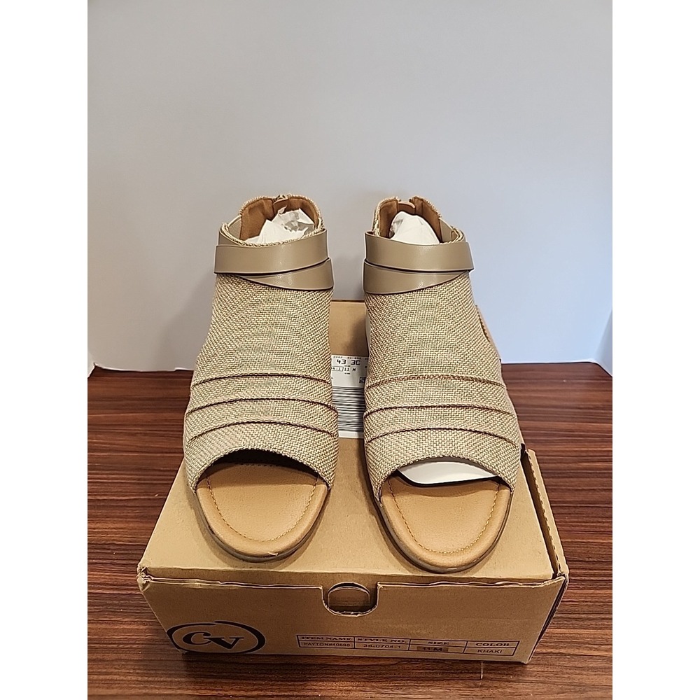 Comfortview Payton Sandals Womens 11 Khaki Zip Close Flats Peep Toe Beige Fabric